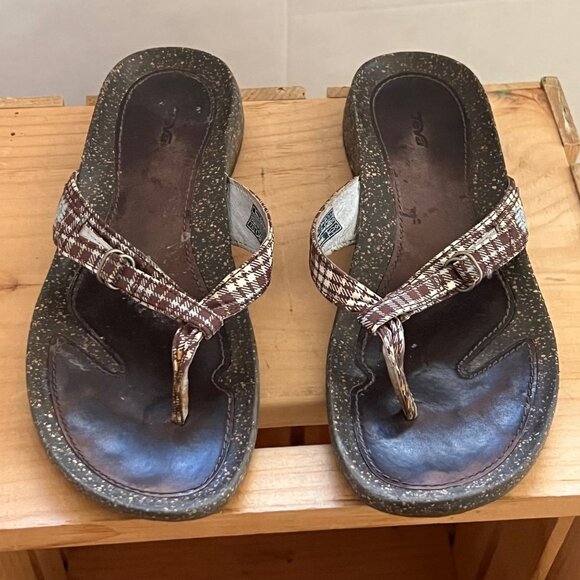 Teva Size 7.5 Brown Plaid Ventura Leather Toe Post Thong Flip Flop Sandals #6503 - Picture 2 of 16